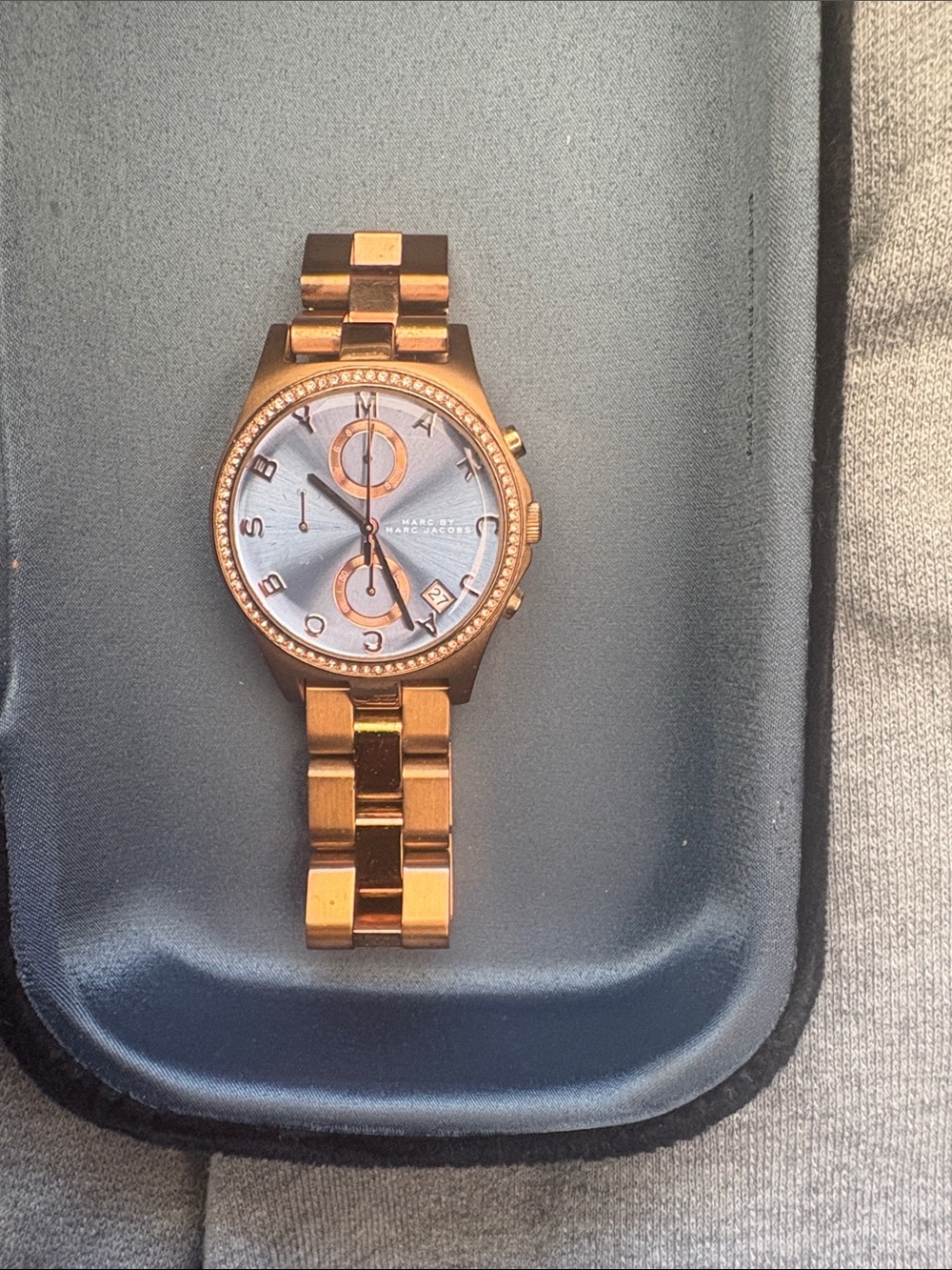 Marc Jacobs Rose Gold Bracelet Watch with Light Blue Dial and Crystal Bezel